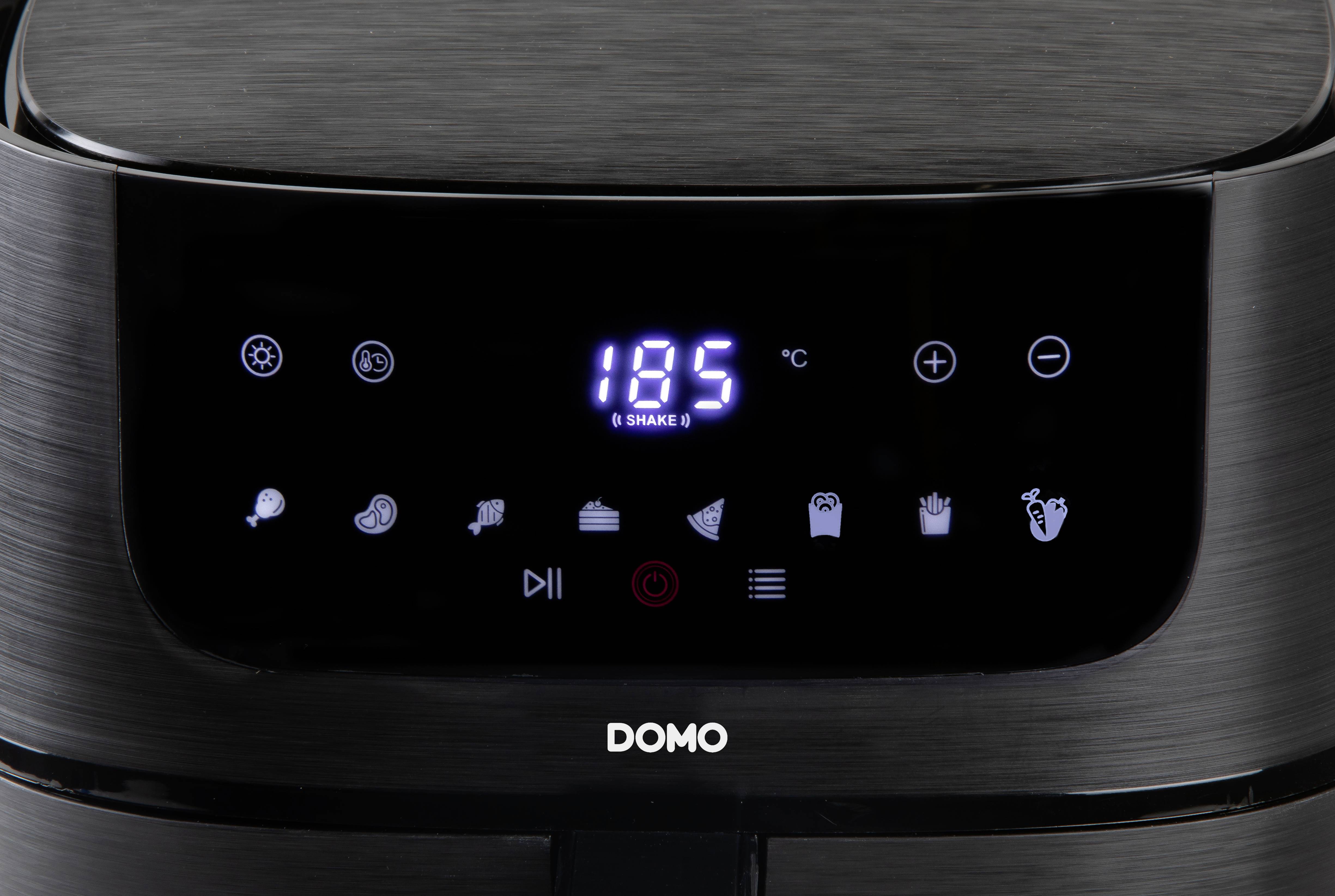 Digitales Display einer Fritteuse zeigt '185°C' an, mit Symbolen für verschiedene Einstellungen wie Timer und Modus. Marke 'DOMO' sichtbar.