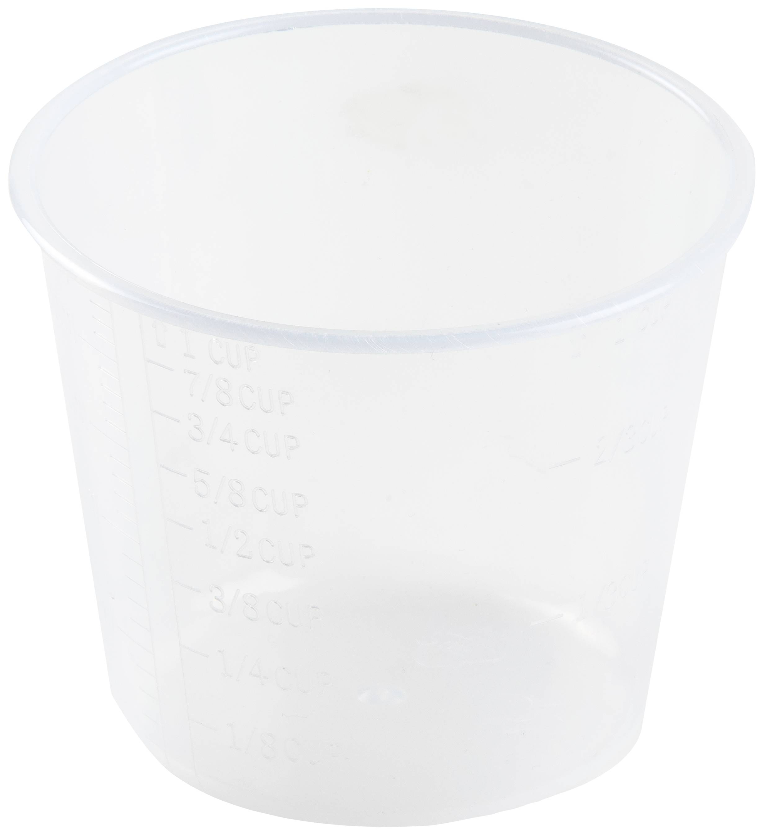 Ein transparenter Messbecher aus Kunststoff mit Markierungen für Maßeinheiten, zeigt 1/4 bis 1 Tasse.