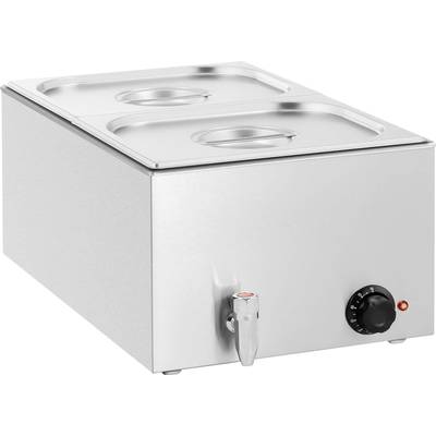 Edelstahl-Warmhaltebehälter mit zwei abnehmbaren Deckeln und Drehregler zur Temperaturkontrolle. Ideal für Buffet oder Catering.