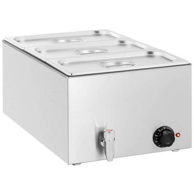 Edelstahl-Bain-Marie mit drei Behältern und Ablasshahn, seitliche Temperatursteuerung, geeignet zum Warmhalten von Speisen.