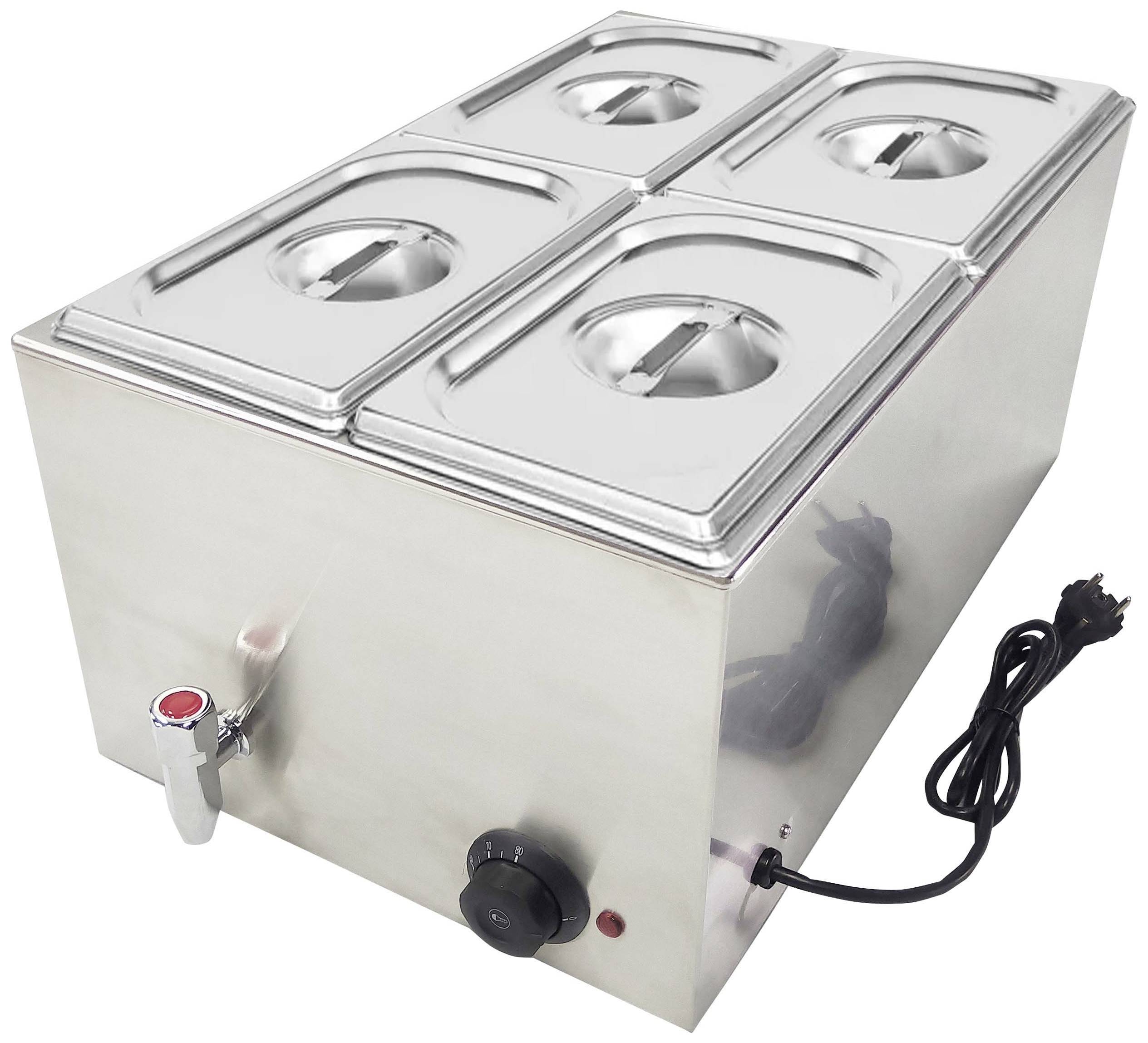 Ein Edelstahlbehälter mit vier abnehmbaren Deckeln und integriertem Wasserhahn und Temperaturregler, ideal für Buffet oder Catering.