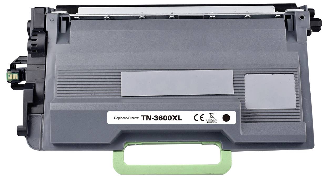 Graue Drucker-Tonerkartusche mit der Aufschrift 'TN-3600XL'. Sie hat eine grüne Halterung unten und ist für einen Laserdrucker geeignet.