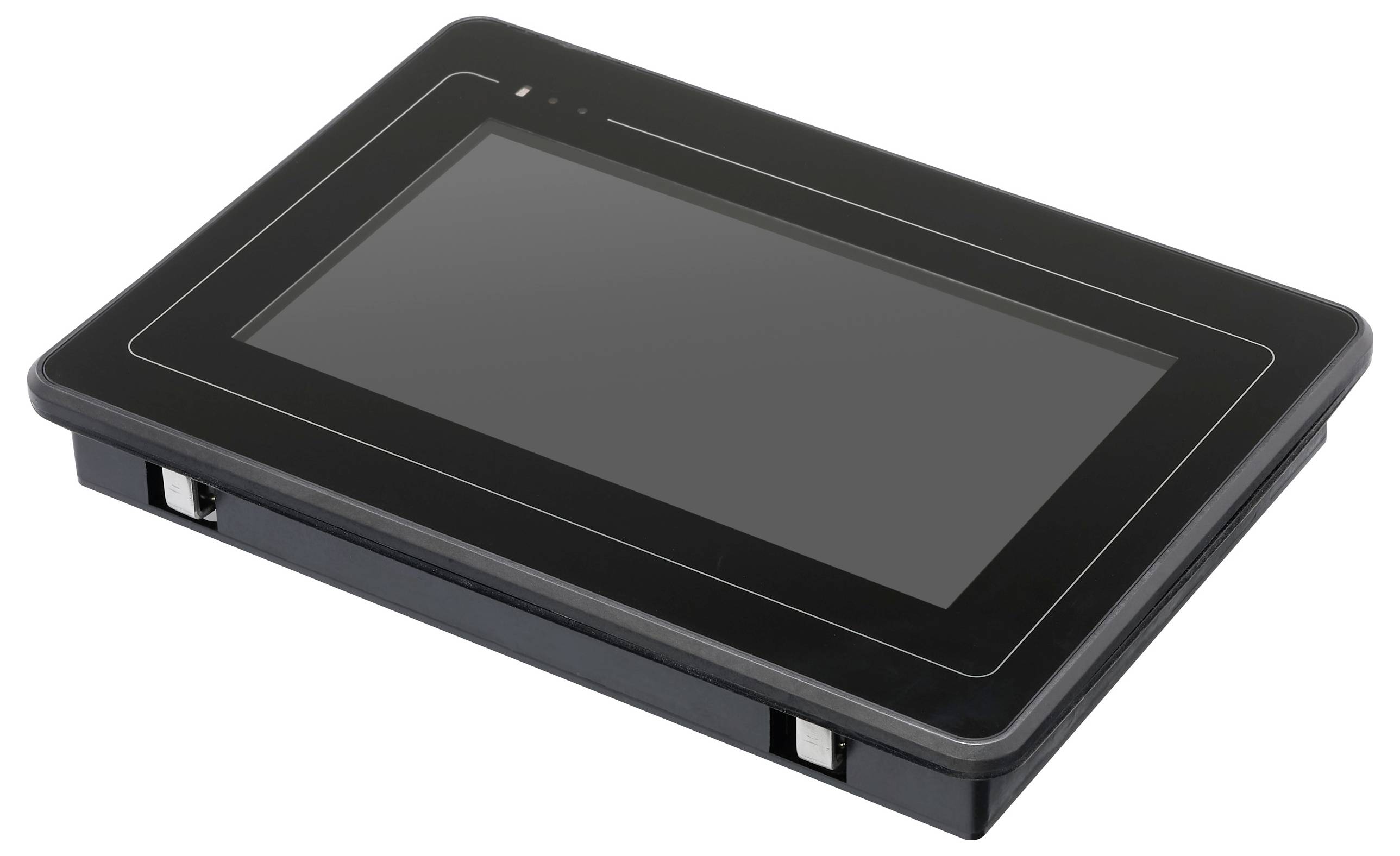Elektronisches, rechteckiges Gerät mit Touchscreen, schwarz, flach auf einer Fläche liegend.
