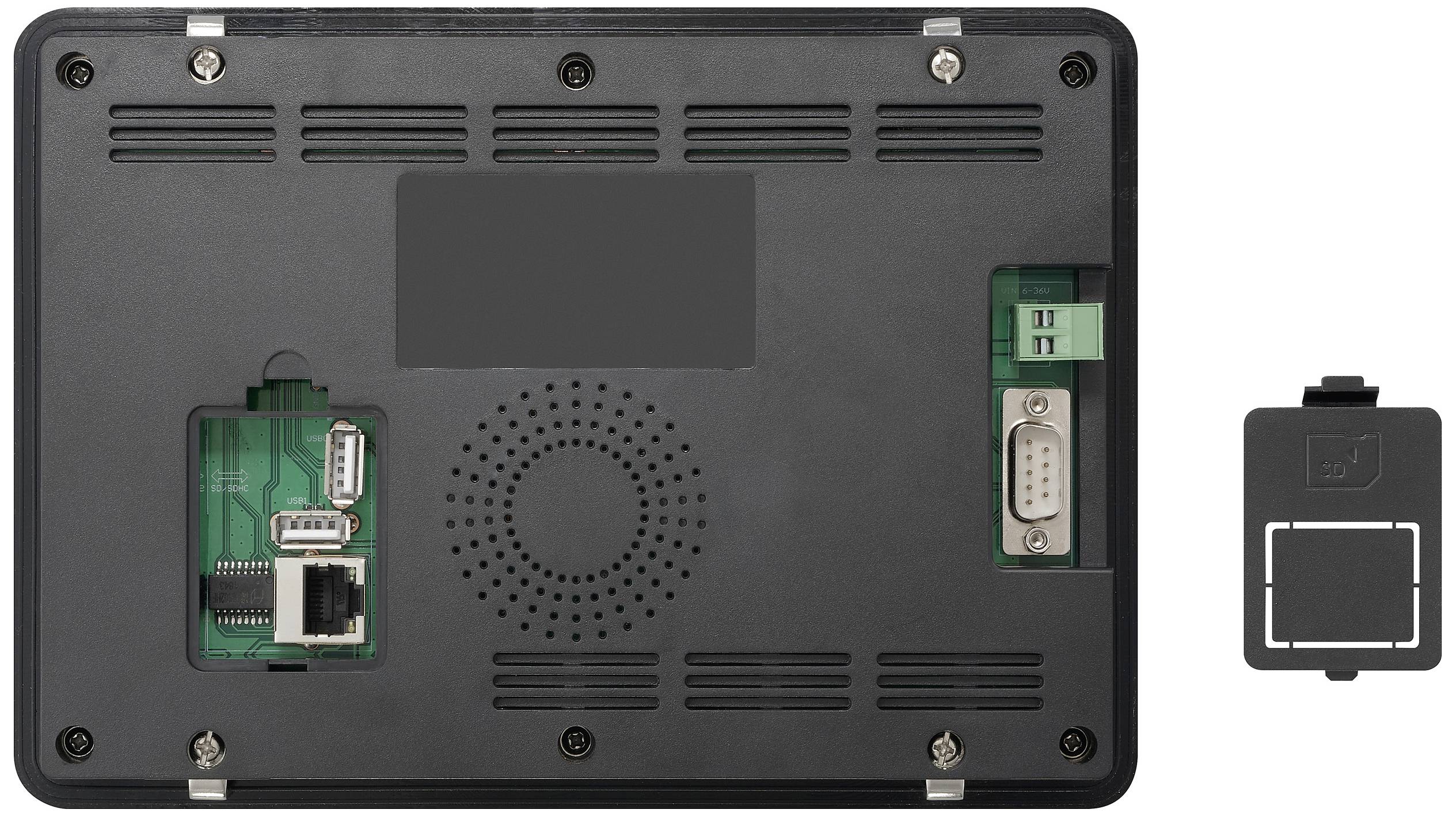 'Rückseite eines elektronischen Geräts mit offenen Anschlüssen: Ethernet, serielle Schnittstelle und Lautsprechergitter. Abdeckung daneben.'