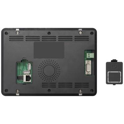 'Rückseite eines elektronischen Geräts mit offenen Anschlüssen: Ethernet, serielle Schnittstelle und Lautsprechergitter. Abdeckung daneben.'