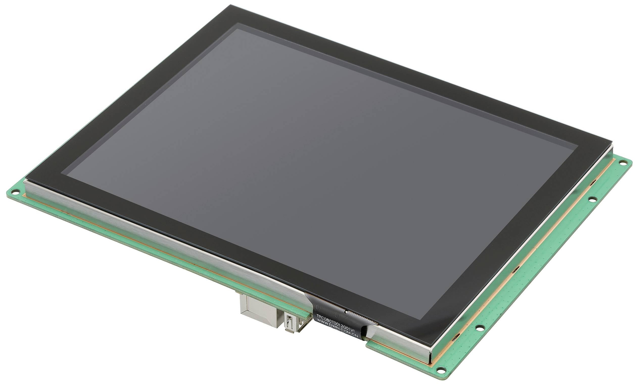 Ein rechteckiger Touchscreen-Monitor mit schwarzem Rahmen und grünem Schaltkreisrand. Der Monitor ist leicht geneigt dargestellt.