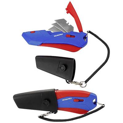 Klappbares Universalmesser mit blauer und roter Oberfläche, herausklappbarer Klinge, Sicherungslasche, schwarzem Schutzgehäuse und Schlüsselband.