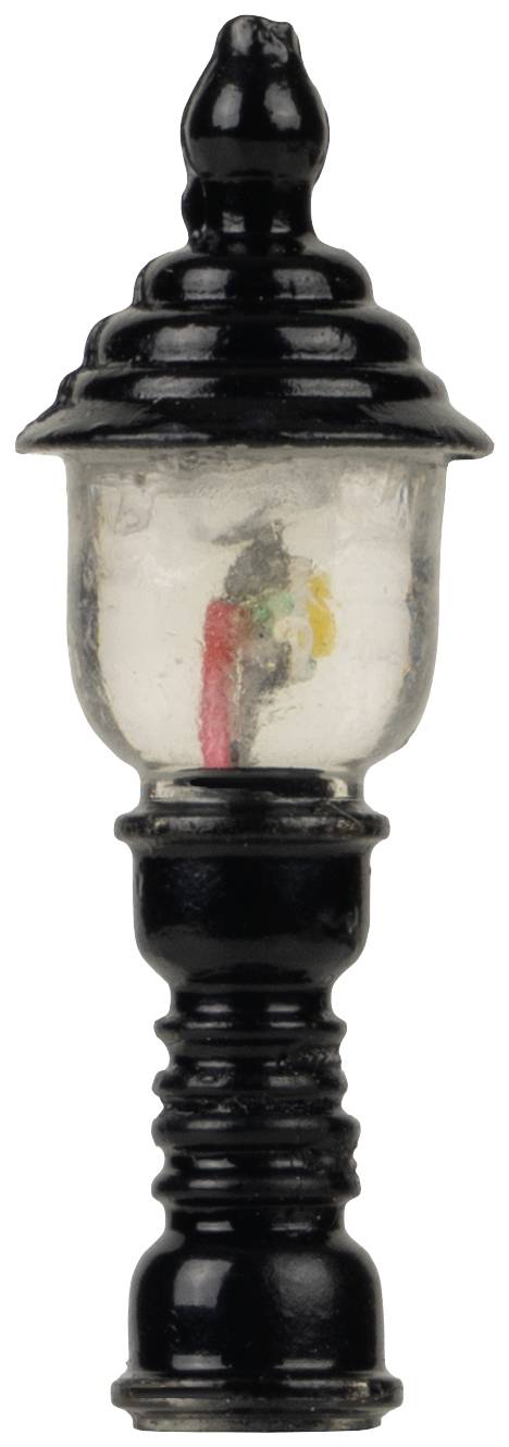 Ein kleiner, schwarzer Lampenpfosten mit einem transparenten Gehäuse in der Mitte, das bunte Drähte enthält.