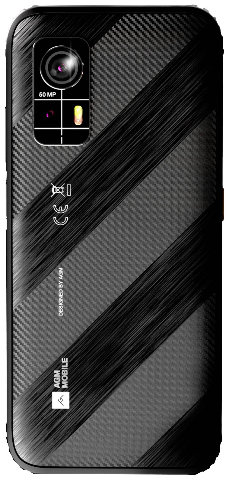 Smartphone-Rückseite mit schwarzem, diagonal gestreiftem Design, 50 MP Kamera und Logo von AGM Mobile. Gerät zeigt modernes, robustes Erscheinungsbild.