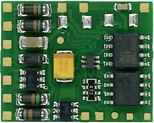 Kleine grüne Leiterplatte mit mehreren elektronischen Bauteilen, darunter Widerstände, Kondensatoren und Chips.
