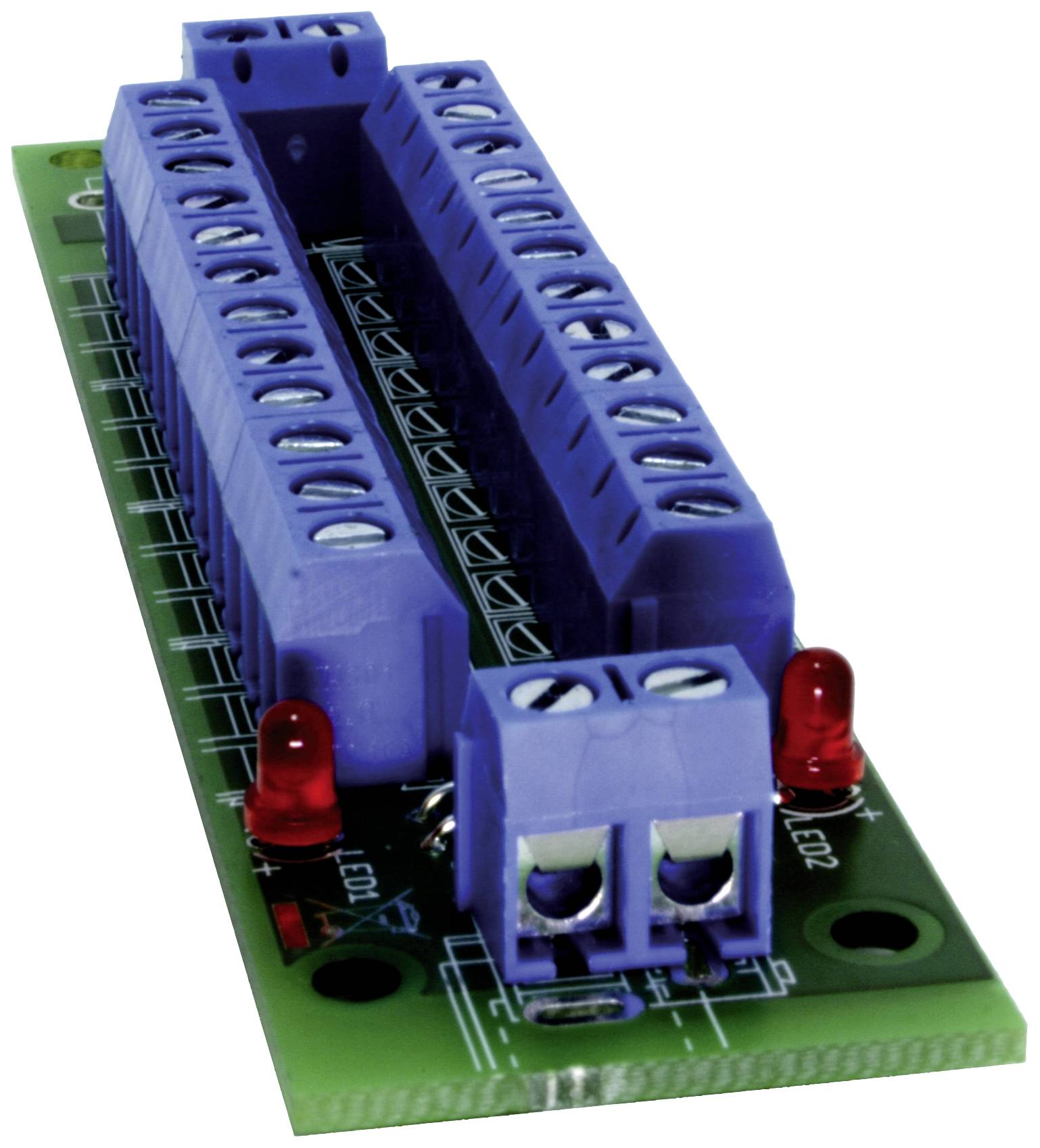 Eine grüne Leiterplattenklemme mit blauen Schraubklemmen und zwei roten LEDs. Dient zum Anschluss mehrerer elektrischer Drähte.