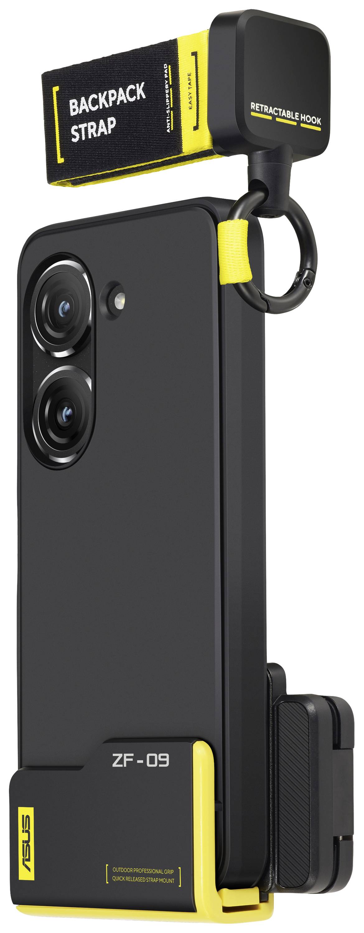 Smartphone mit auffälliger schwarzer und gelber Schutzhülle, ausgestattet mit einem modularen System und einem Rückhaltungshaken.