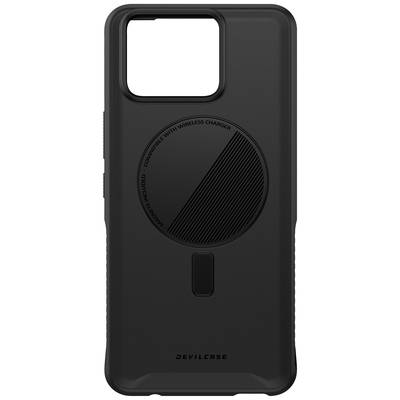 Eine schwarze Smartphone-Hülle mit Aussparung für die Kamera und einem runden Muster in der Mitte. Geeignet für drahtloses Laden.