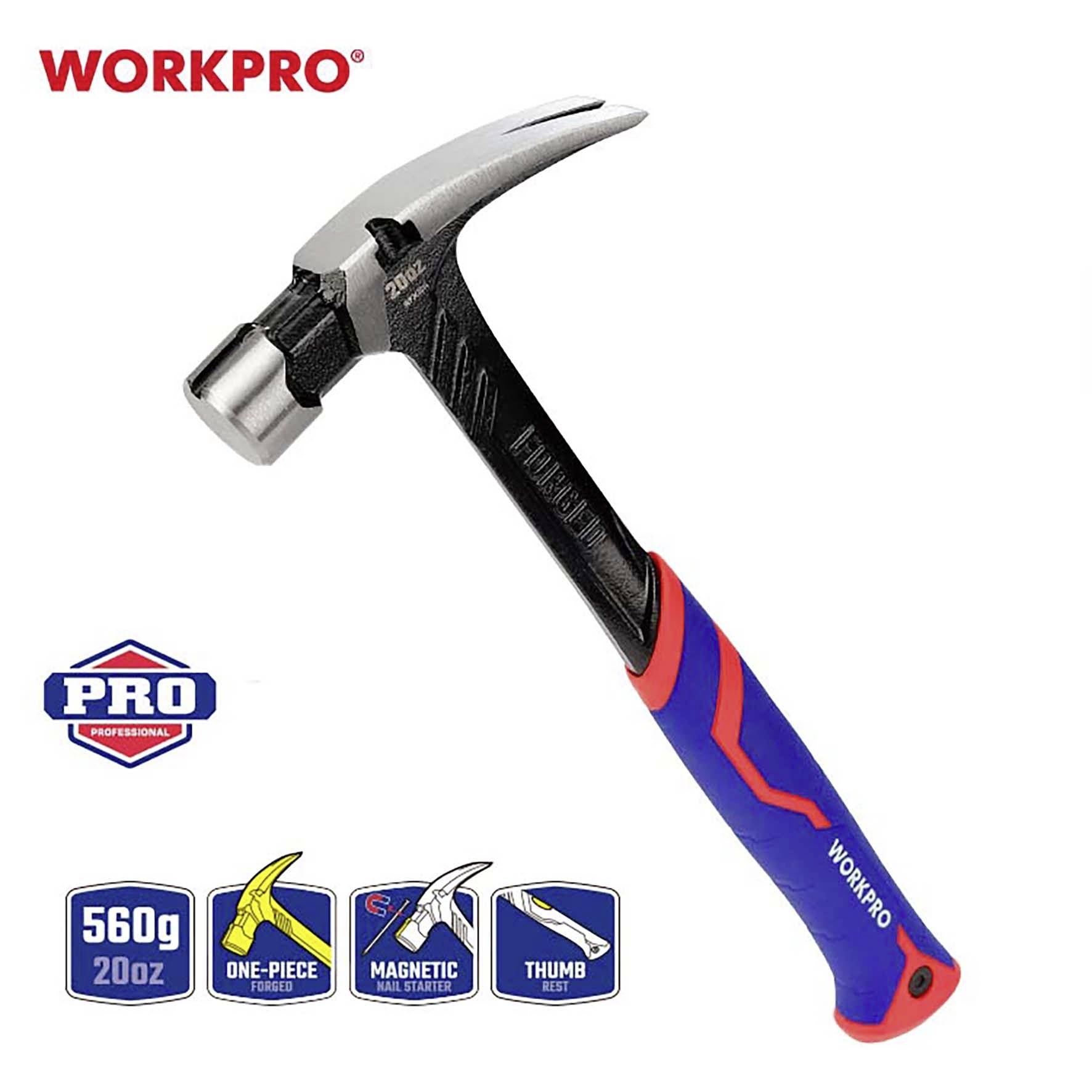 Ein Hammer mit ergonomischem Griff und magnetischer Nagelhalterung, geeignet für professionelle Anwendungen. Marke: WORKPRO.