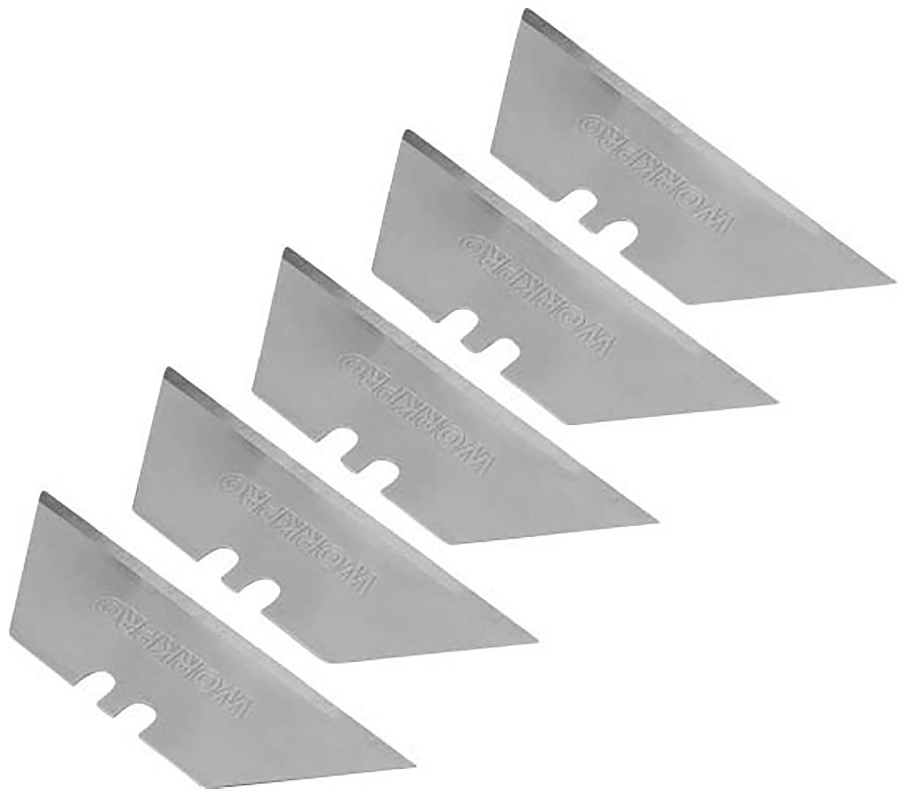 Fünf trapezförmige Ersatzklingen aus Metall in einer Reihe, silbern glänzend, für den Einsatz in einem Universalmesser.
