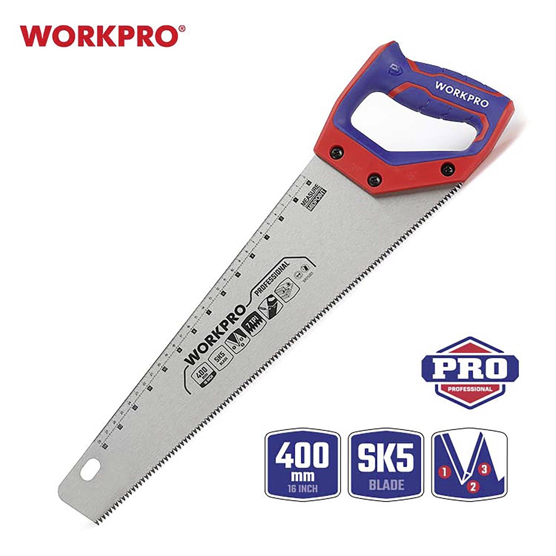 Handsäge von WORKPRO mit 400 mm SK5-Klinge, ergonomischer Griff in Rot und Blau. Logos und Produktmerkmale sichtbar.
