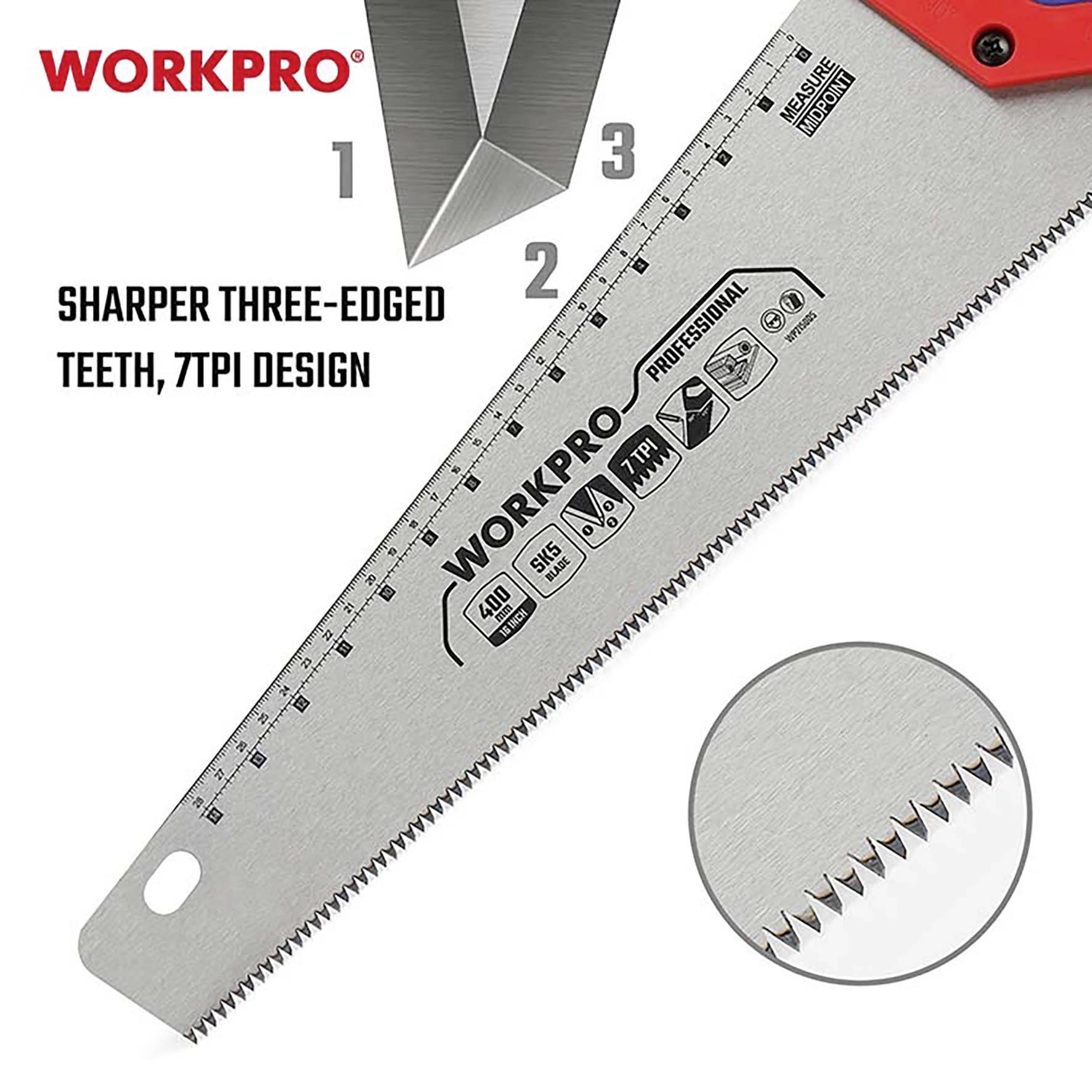 Handsäge mit scharfen dreifach geschliffenen Zähnen und 7 TPI-Design, Markenname oben links, Detailansicht der Sägezähne.
