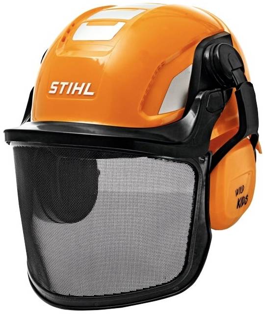 Ein leuchtend orangefarbener Schutzhelm mit Visier und Gehörschutz, geeignet für Forstarbeiten.