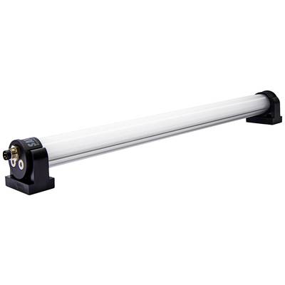 Ein weißes, zylinderförmiges LED-Licht mit schwarzen Endkappen liegt horizontal montiert auf zwei Halterungen.