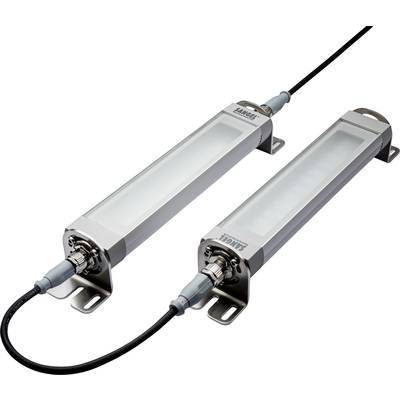 Zwei längliche LED-Leuchten nebeneinander mit Kabelanschlüssen, in einem industriellen Gehäuse. Verwendet zur Beleuchtung von Arbeitsbereichen.