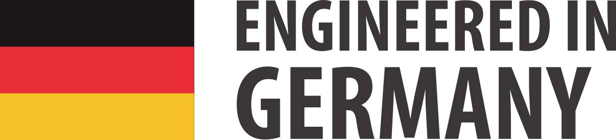 Deutsche Flagge neben dem Text 'Engineered in Germany', der auf deutsche Ingenieurskunst hinweist.