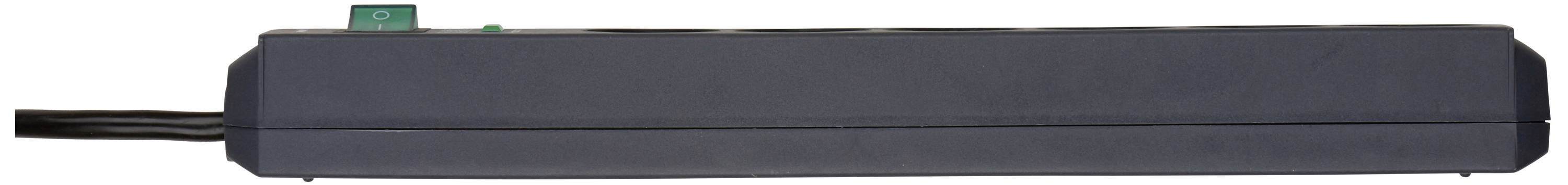 Ein schwarzes rechteckiges Gehäuse mit mehreren Kabel eingängen auf der linken Seite, das möglicherweise ein elektrisches Bauteil ist.