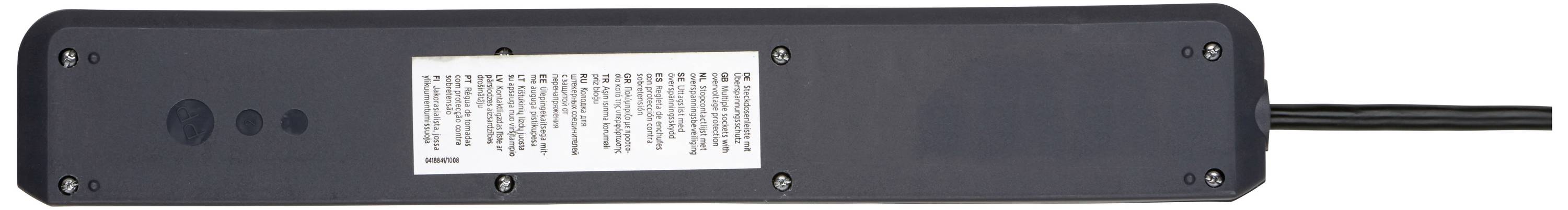 Schwarz lackiertes rechteckiges Bauteil mit einem Kabelanschluss und einem Aufkleber in der Mitte, der technische Informationen enthält.