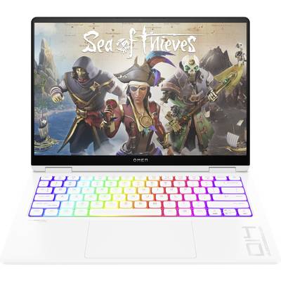 Ein geöffneter Laptop zeigt das Spiel 'Sea of Thieves'. Auf dem Bildschirm sind drei Piratenfiguren vor einer abenteuerlichen Landschaft zu sehen.
