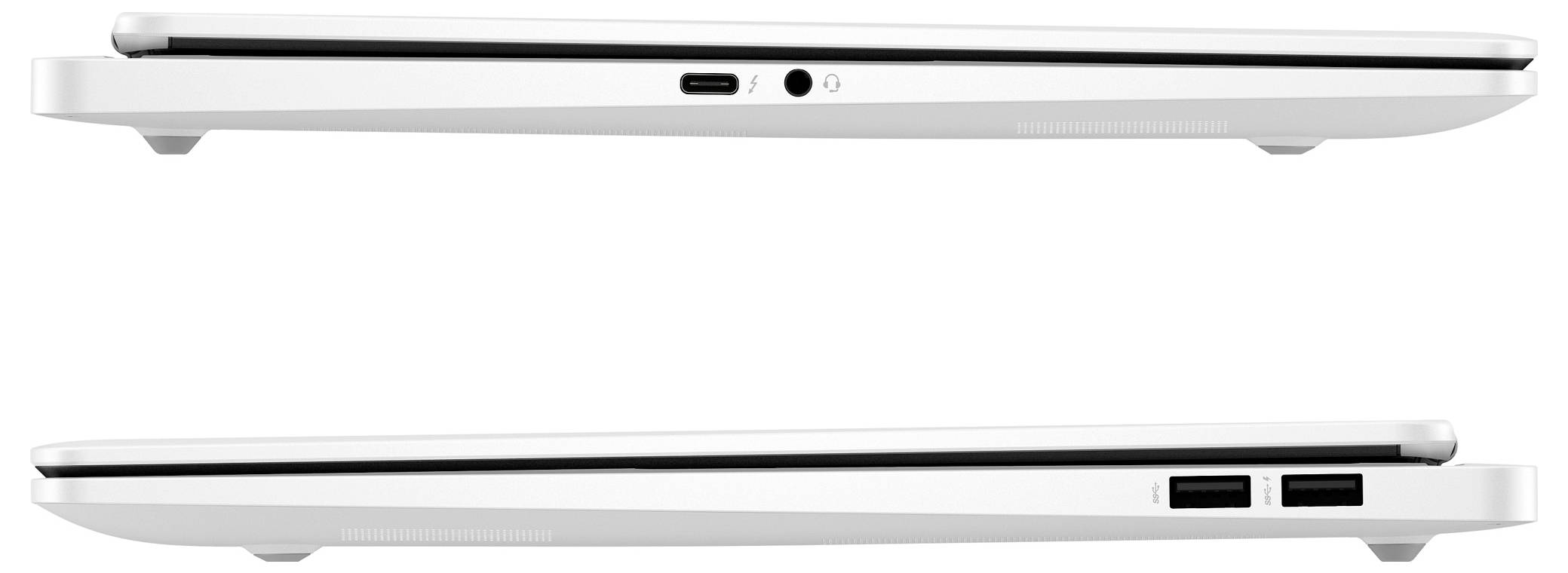 Zwei seitliche Ansichten eines weißen Laptops, oben mit USB-C- und Audiobuchse, unten mit zwei USB-Anschlüssen.