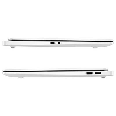 Zwei seitliche Ansichten eines weißen Laptops, oben mit USB-C- und Audiobuchse, unten mit zwei USB-Anschlüssen.