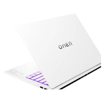 Weißer Laptop mit aufgeklapptem Bildschirm, Tastatur mit violetter Hintergrundbeleuchtung; Markenlogo 'OMEN' auf dem Gehäuse.