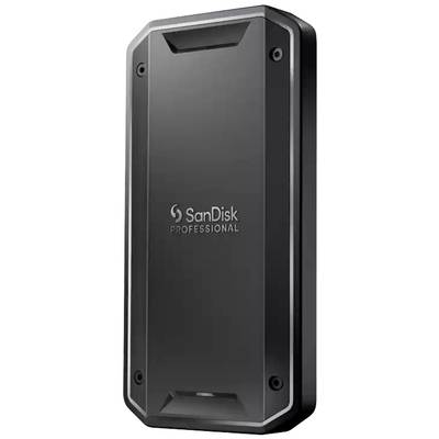 Eine schwarze externe SSD von SanDisk Professional in rechteckiger Form, geeignet für professionelle Datenspeicherung.