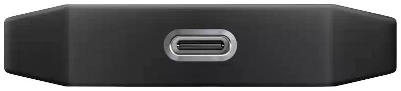 Schwarzes Gerät mit USB-C-Anschluss in der Mitte auf weißem Hintergrund.
