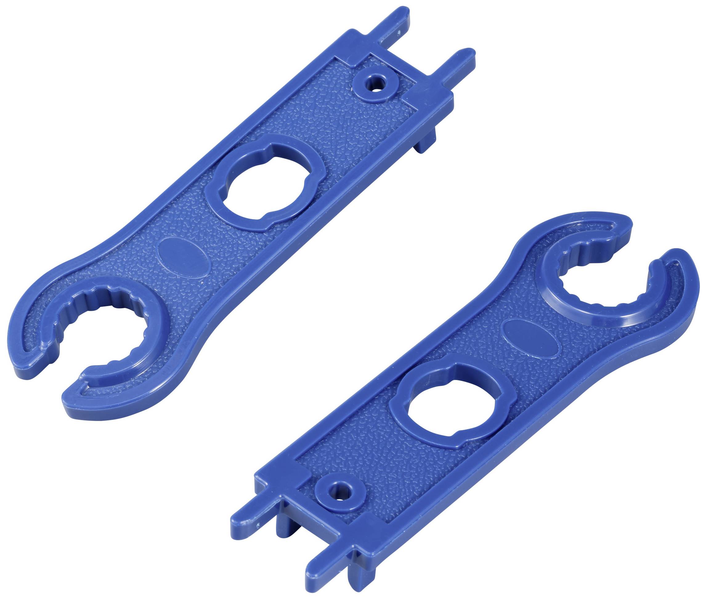 Zwei blaue Kunststoffwerkzeuge mit runden und gewölbten Enden zum Öffnen von Verschlüssen oder Anziehen von Muttern in hydraulischen Systemen.