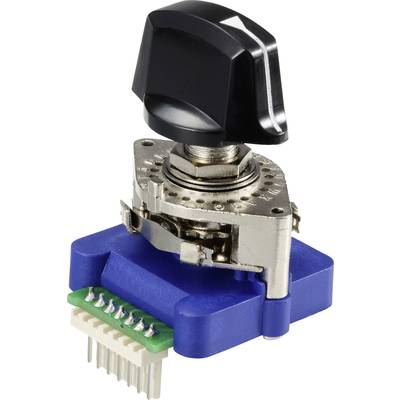 Drehschalter mit schwarzem Knopf auf blauem Sockel, mit mehreren Metallanschlüssen an der Unterseite; geeignet für Elektronikgeräte.