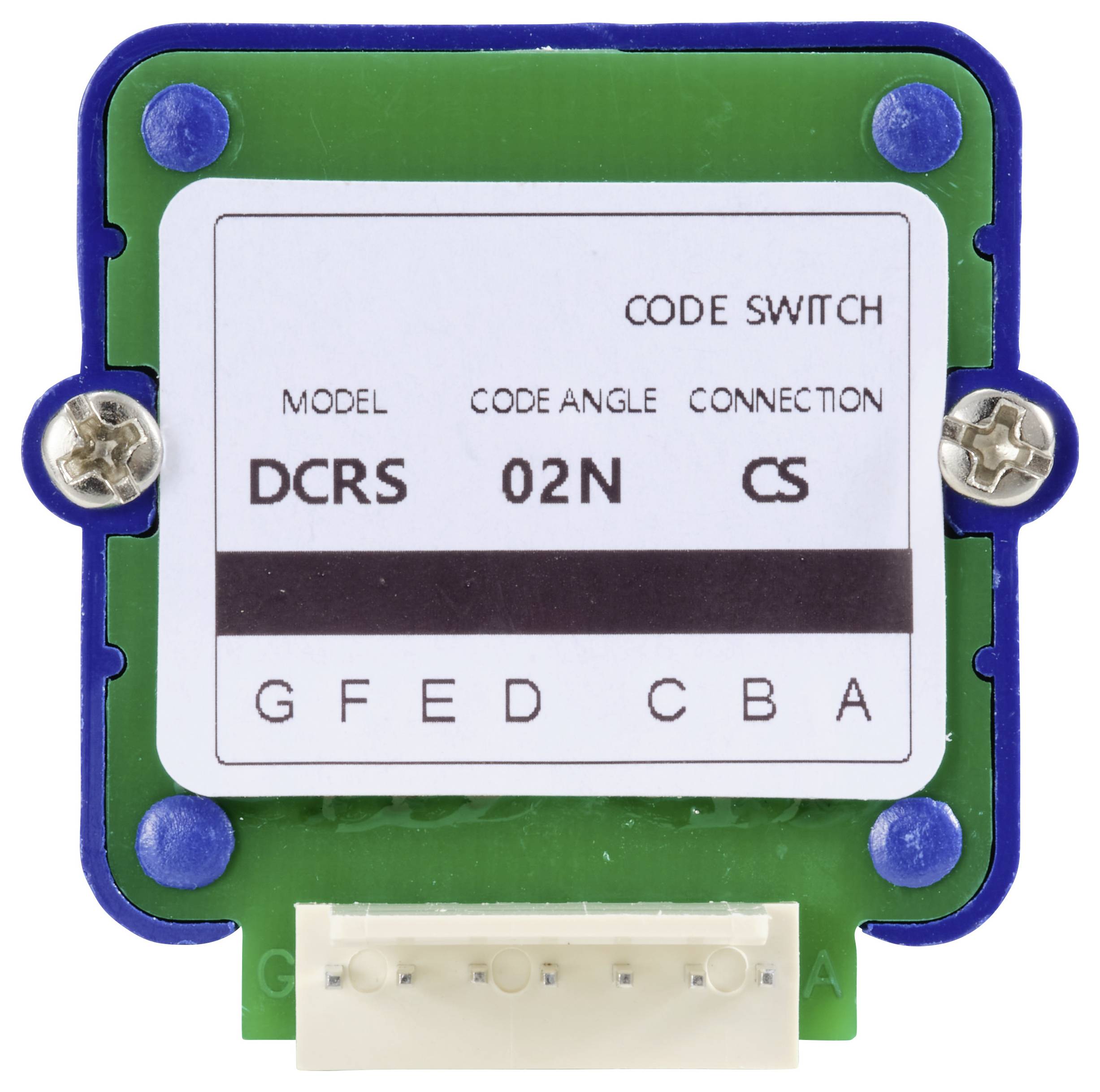 Ein elektronisches Bauteil mit der Aufschrift 'CODE SWITCH', Modell 'DCRS', Codewinkel '02N', und Anschluss 'CS'.