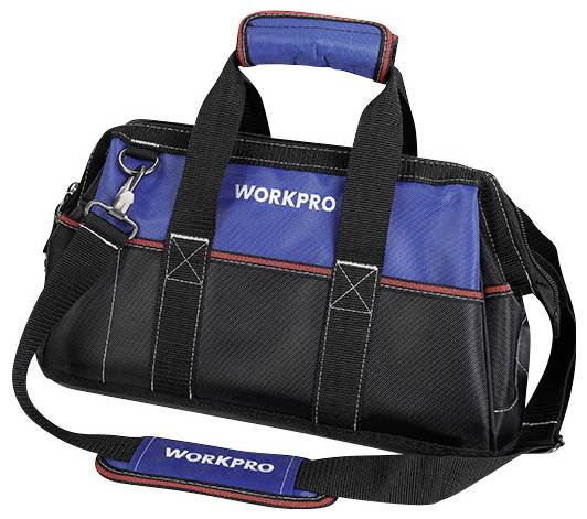 Schwarze und blaue Werkzeugtasche mit 'WORKPRO'-Aufschrift, mehreren Fächern und Griffen.