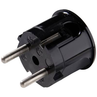 Ein schwarzer Eurostecker-Adapter mit zwei Metallstiften und einer kreisförmigen Form, geeignet für europäische Steckdosen.