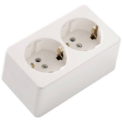 Weißes, zweifaches Steckdosenmodul für Wandmontage; geeignet für europäische Schuko-Stecker.