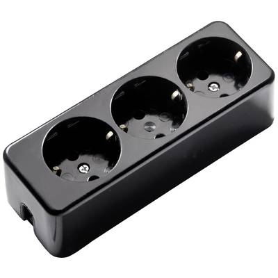 Schwarze dreifache Steckdosenleiste ohne Kabel, geeignet für europäische Stecker.