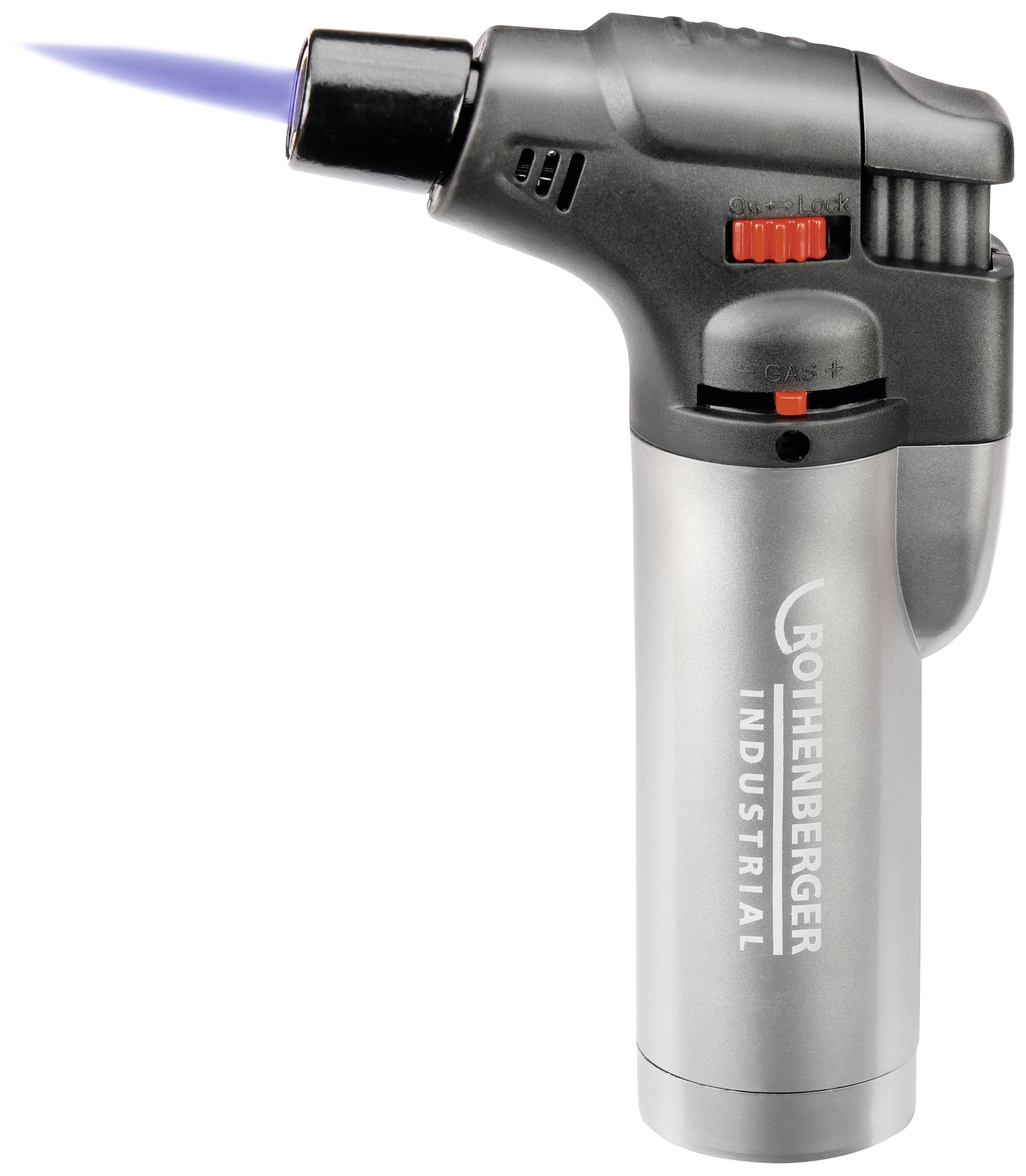 'Gasbrenner mit blauer Flamme, markiert mit 'Rothenberger Industrial'. Geeignet für präzise Löt- oder Schweißarbeiten.'