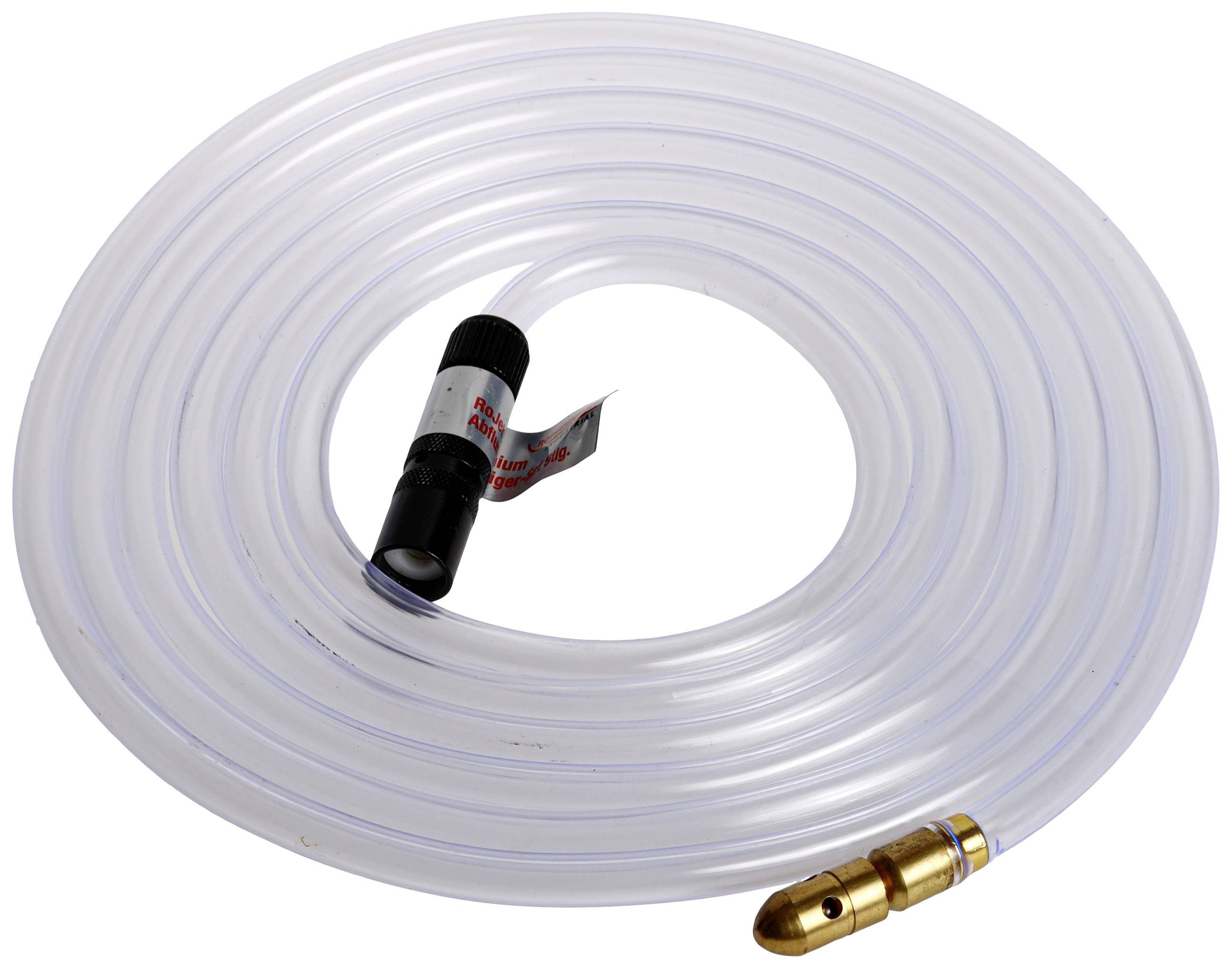 Klarer Plastikschlauch mit einem schwarzen Ventil und einer goldenen Metallspitze, aufgerollt.