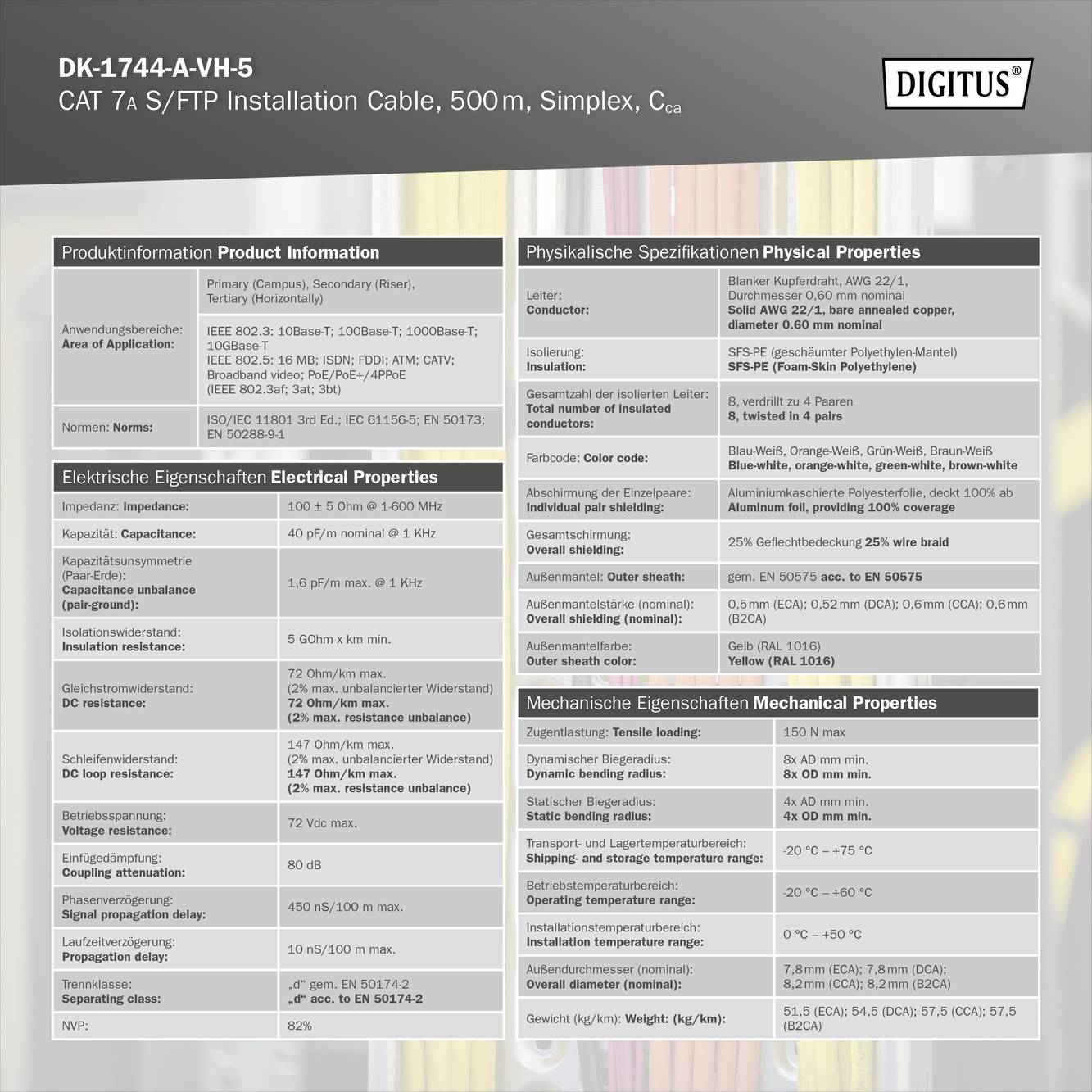 'Digitus DK-1744-A-VH-5 CAT 7A S/FTP Installationskabel.' Tabelle mit Produkt-, physikalischen, elektrischen und mechanischen Eigenschaften. 500m, Simplex, Cᵢₐ.