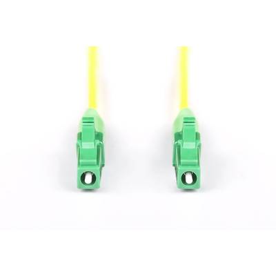 Zwei grüne Glasfaserstecker, jeweils mit einem gelben Kabel verbunden, auf weißem Hintergrund.