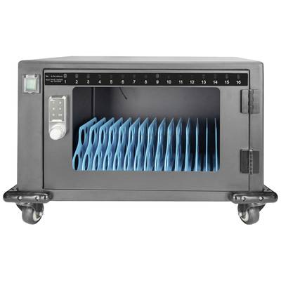 Schwarzer Ladewagen mit Frontöffnung und blauen Trennwänden zum sicheren Aufladen und Aufbewahren von bis zu 16 Tablets oder Laptops.
