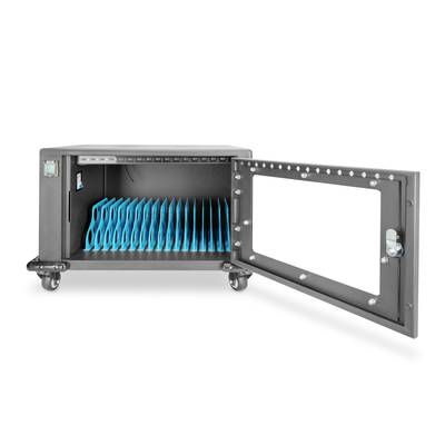 Ein offener Aufbewahrungsschrank auf Rollen zeigt blaue Fächer für Tablets oder Laptops.