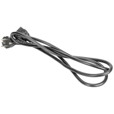 Ein schwarzes Stromkabel mit einem dreipoligen Stecker, zusammengerollt und auf einer weißen Oberfläche liegend.
