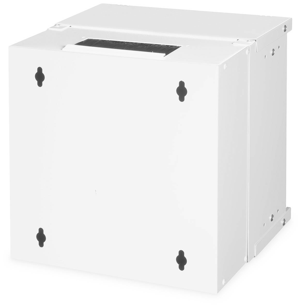 Weiße, quadratische Metallbox mit montierbaren Ecken und einem Schlitz oben, möglicherweise ein Gehäuse für technische Geräte.