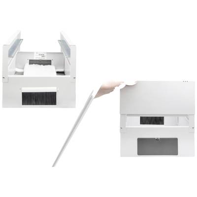 Ein Gerät mit Bürstenreinigungsfunktion und Sichtfenster. Links: Vorderansicht mit Einlegetuch; rechts: Rückansicht mit geöffneter Klappe.