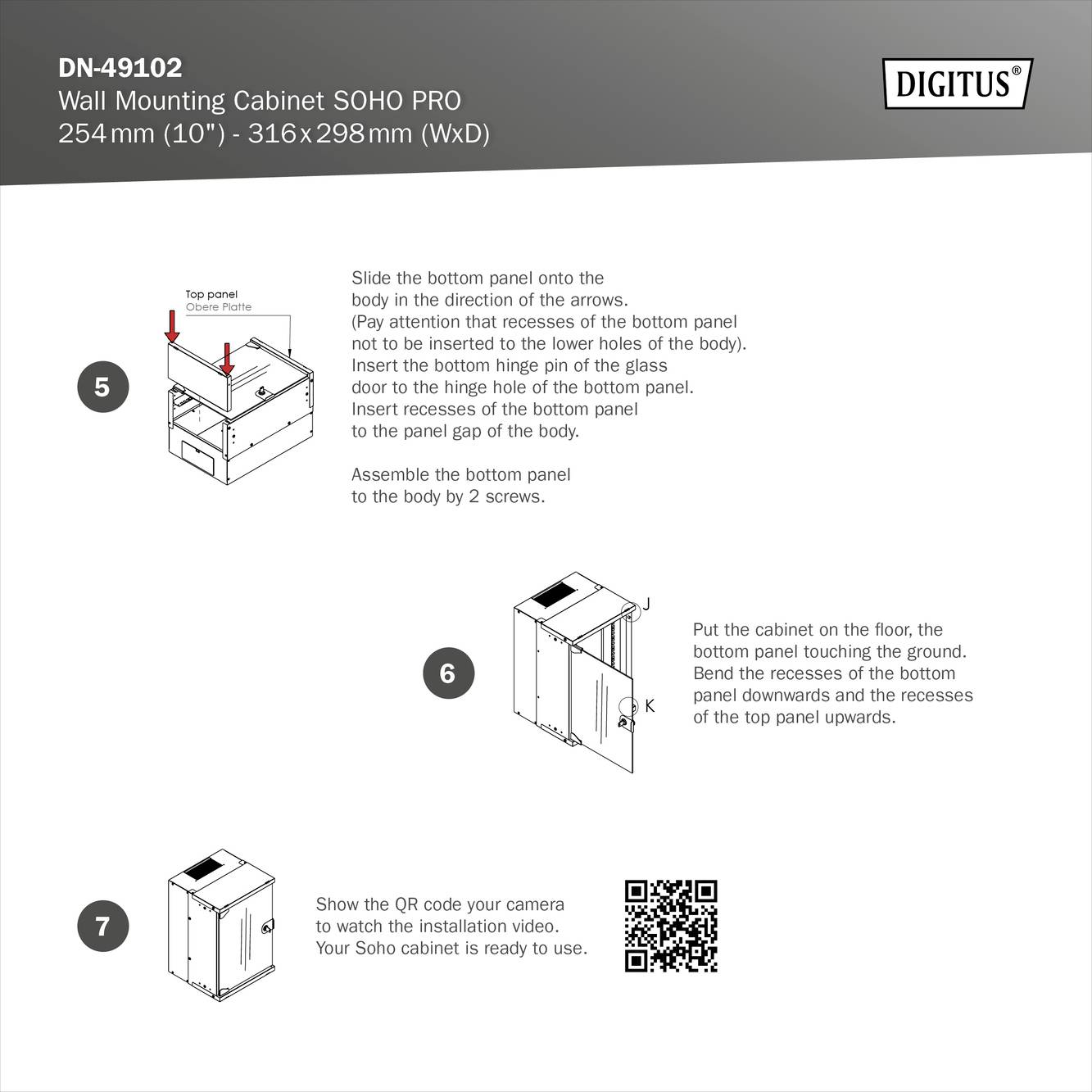 'Anleitung zur Wandmontage eines DN-49102 Schranks. Schritte 1-7: Installation, QR-Code für Anleitungsvideo. Maße: 254x316x298 mm.'